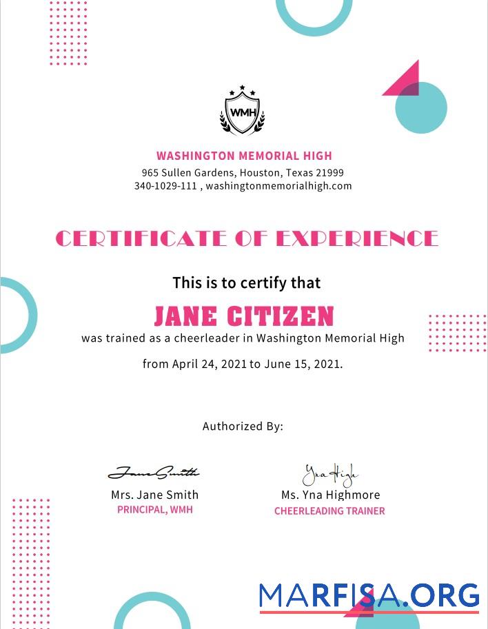 Printable USA Cheerleader Cert sample